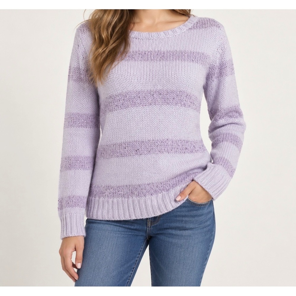 Apt 9 Sweater Women Medium Purple Striped Sequin Knit Long Sleeve Crew Neck
